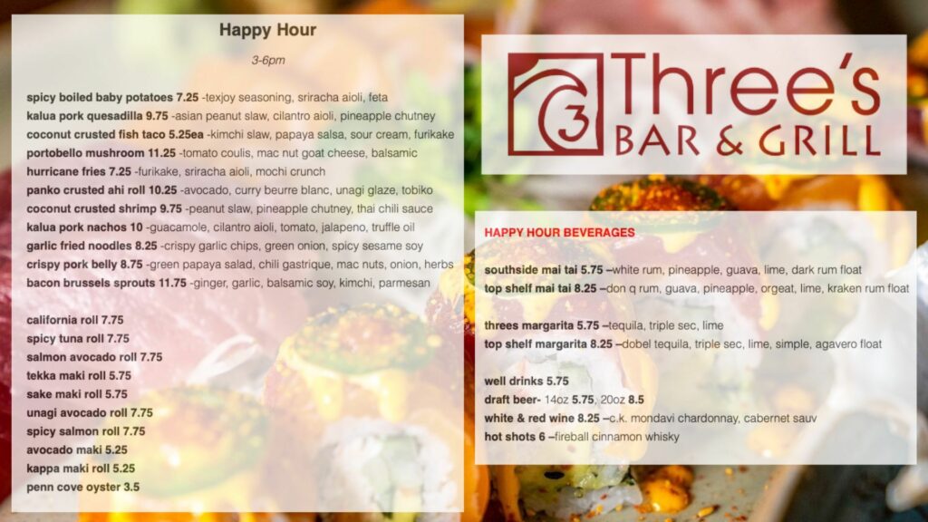 Three's Bar & Grill happy hour menu