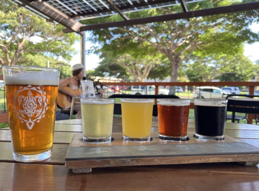 Beer flight with live music at Maui Brewing Co. in Kihei