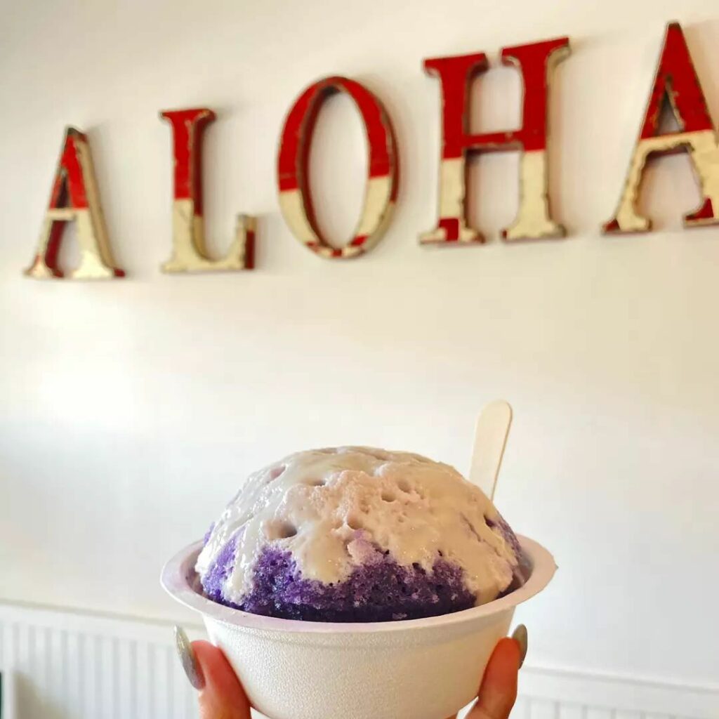Ube shave ice topped with snow cap at Ululani's Hawaiian Shave Ice
