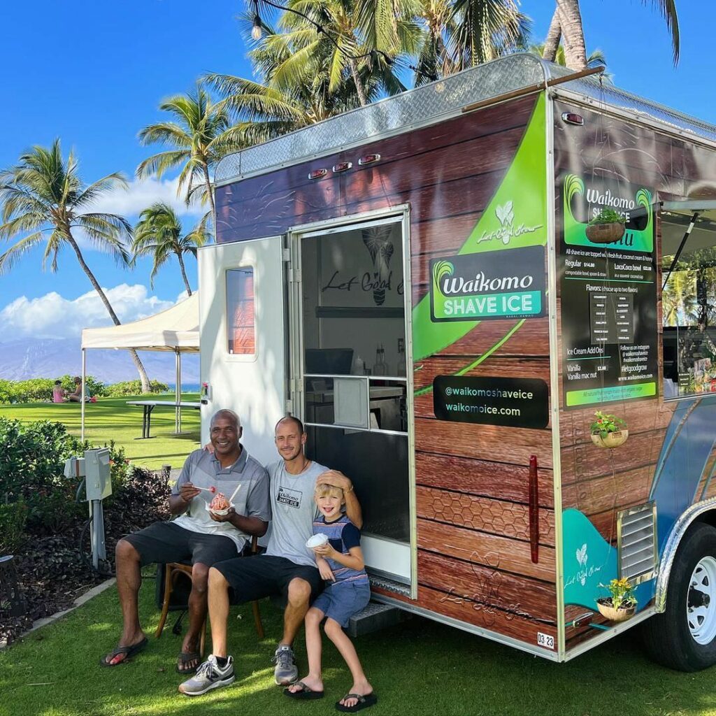 Waikomo Shave Ice truck owner Thomas Oliver with fans at Andaz Maui Resort